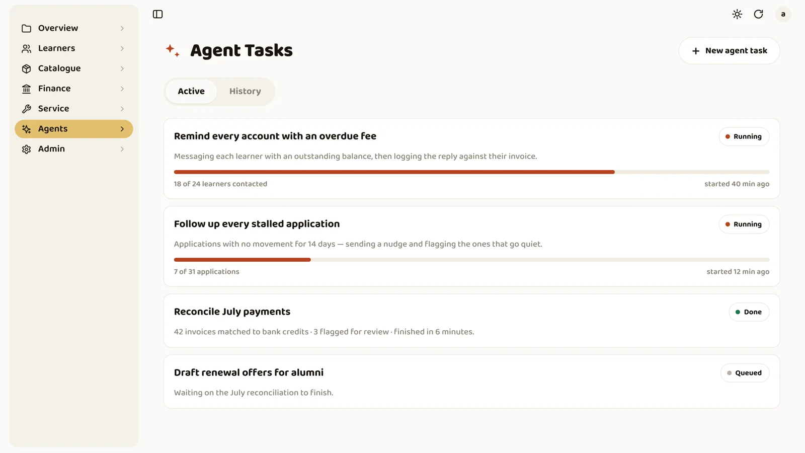 Weaver agent tasks — agents working through overdue-fee reminders and stalled applications, with progress for each