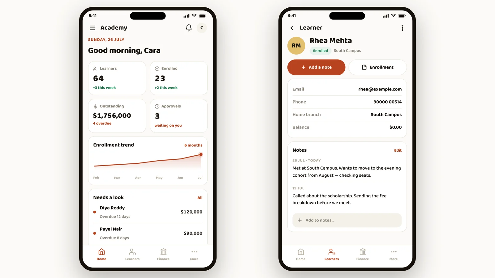 Weaver mobile app — home dashboard and a learner record