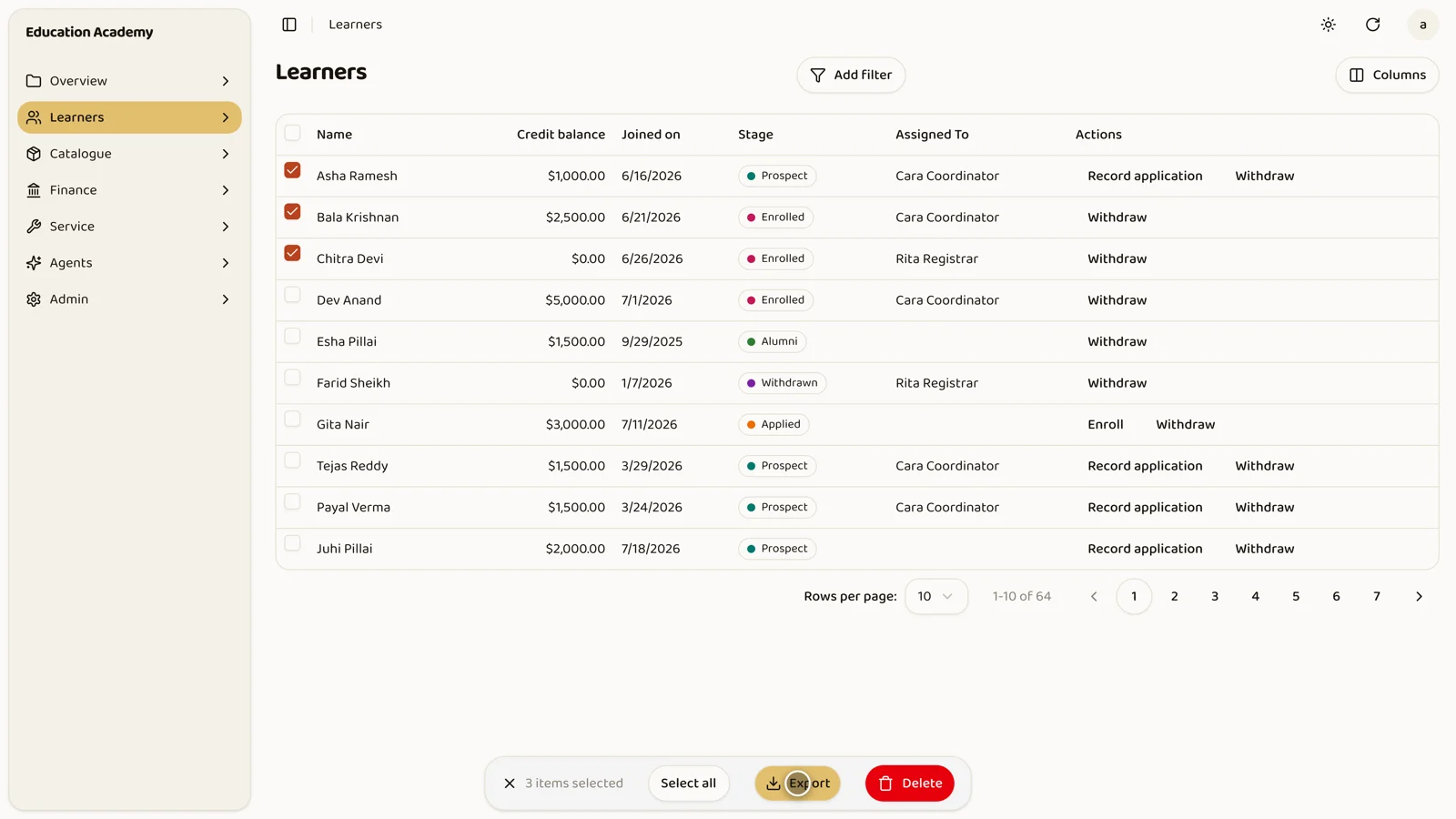 A Weaver list where each row offers only the actions that record can take next