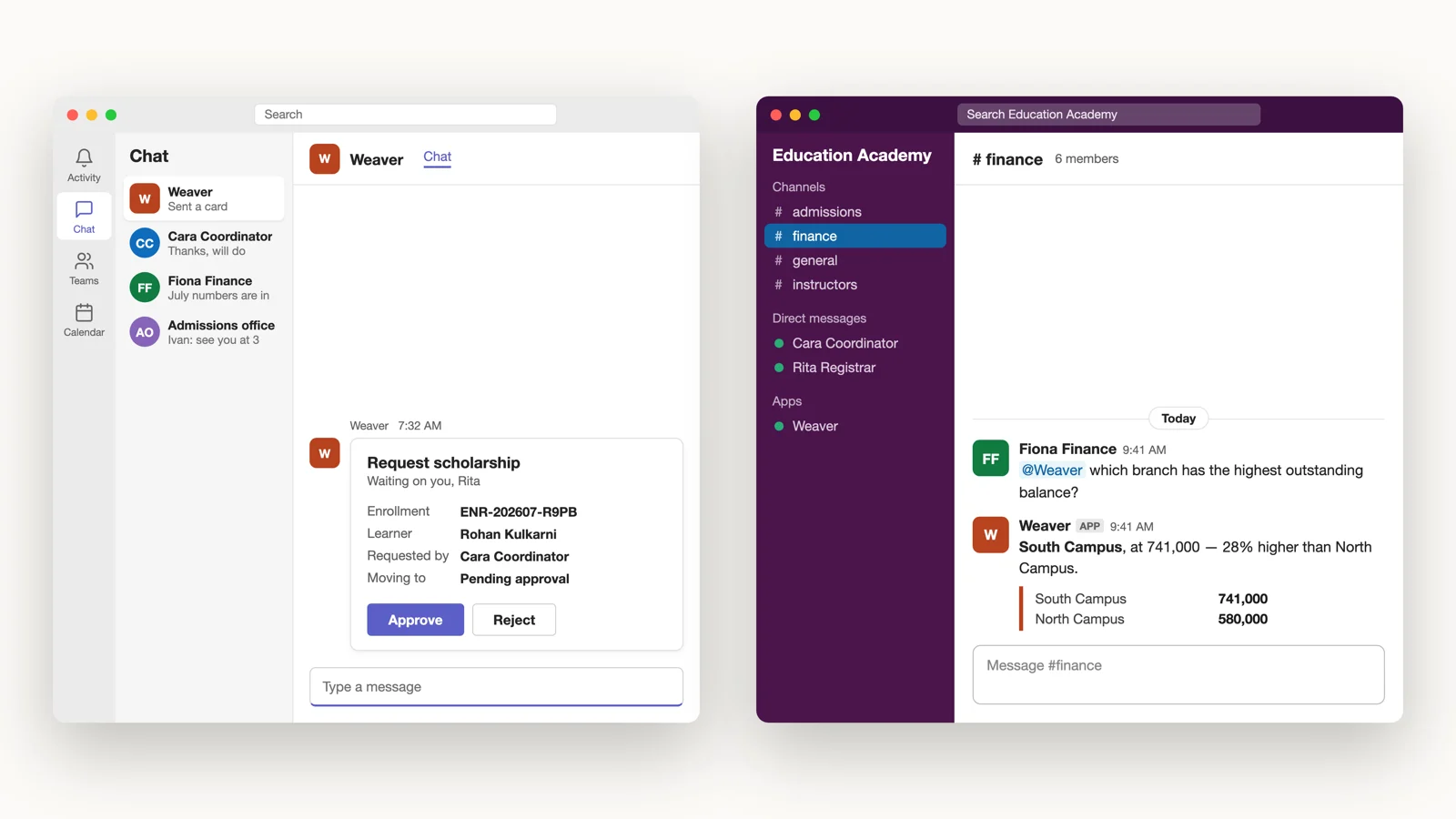 Weaver in Microsoft Teams and Slack — an approval card with Approve and Reject, and a question answered in a channel
